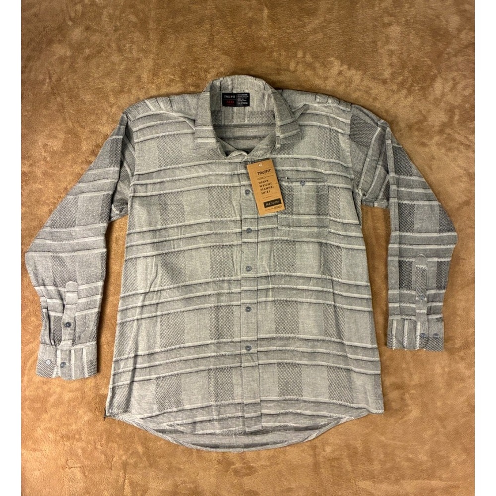 TRU FIT "Heavy Weight Warm Flannel" Men's Shirt Light Grey Plaid Button Up Med